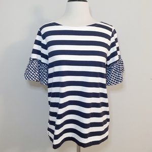 J Crew Striped Top w/ Gingham Sleeve Navy & Cream Sz M